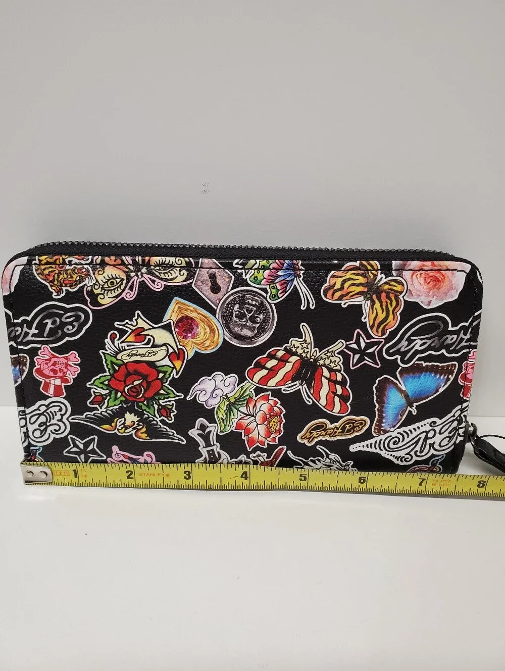Ed Hardy Black Floral & Tattoo Zip-Around Wallet